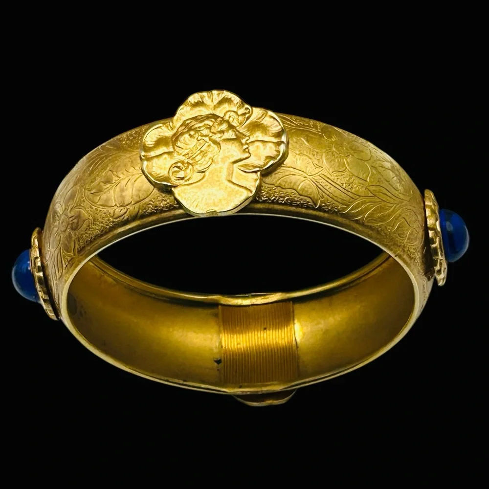 Fabulous Vintage Bangle Bracelet Jeweled Cabochons Art Nouveau Lady